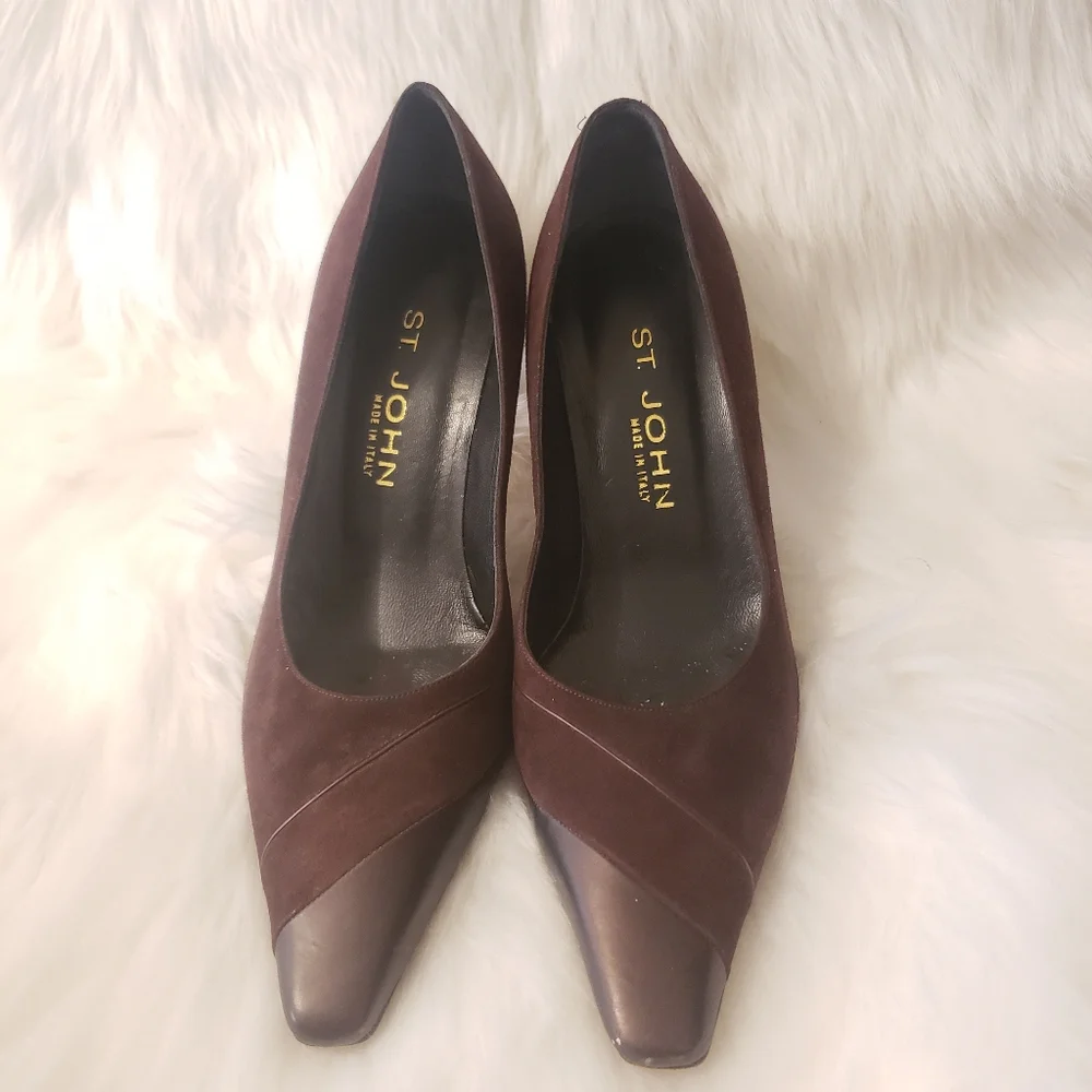 St John Leather & Suede Square Pointy Toe Pumps Size 38.5/US 8